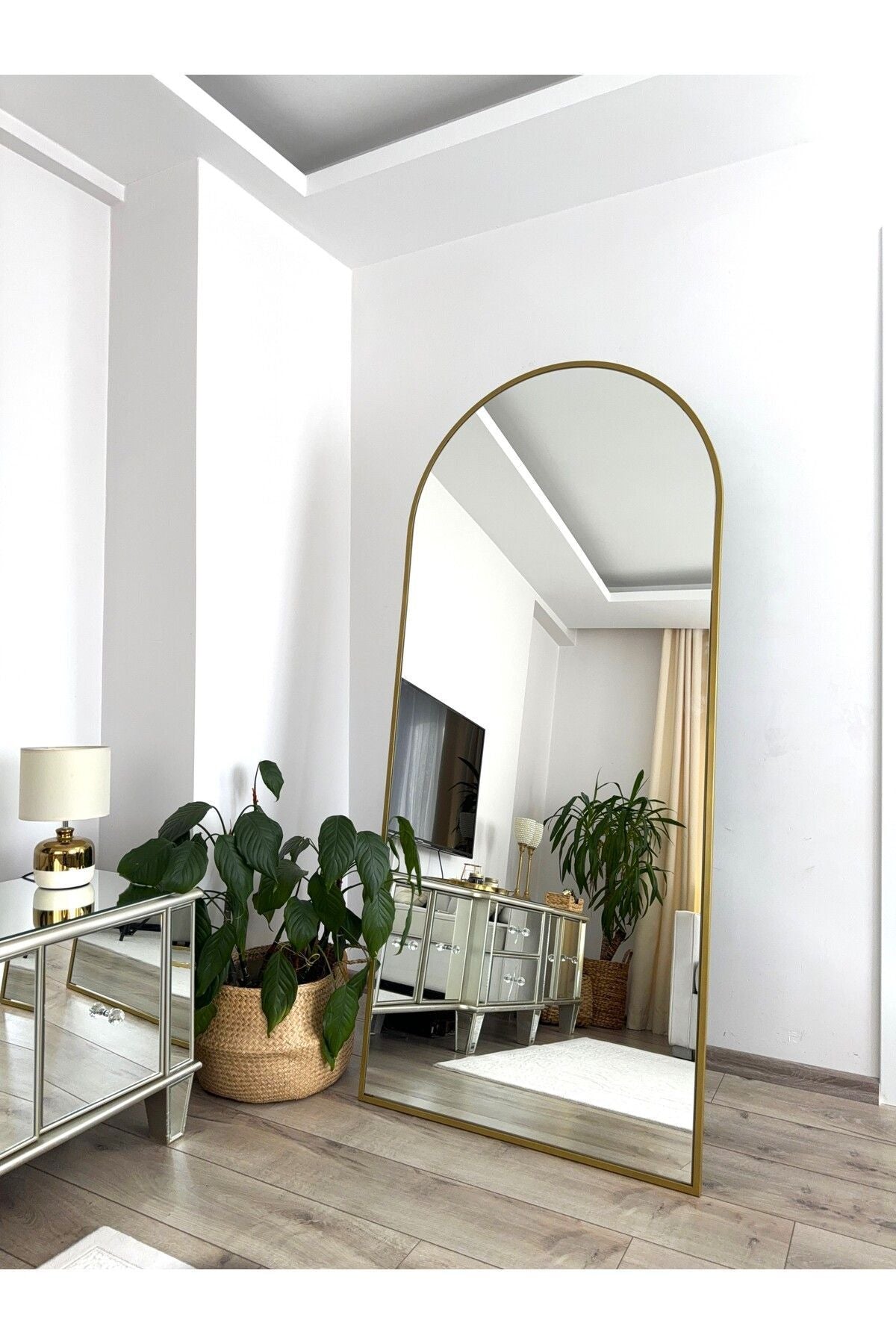 Gold Metal Çerçeveli 180x80 Cm Demonte Ayaklı Oval Boy Aynası
