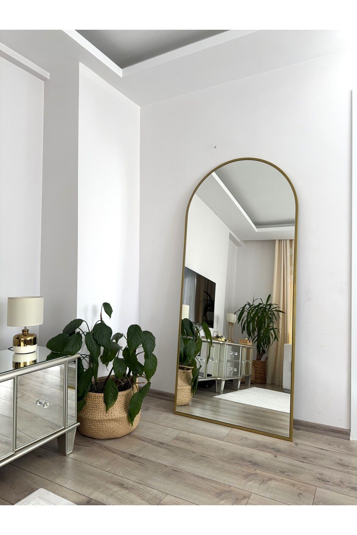 Gold Metal Çerçeveli 180x80 Cm Demonte Ayaklı Oval Boy Aynası